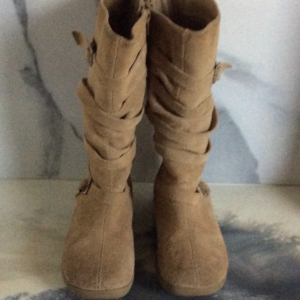 Beige Suede Side Zip Boots with Straps & Buckles - Picture 4 of 13